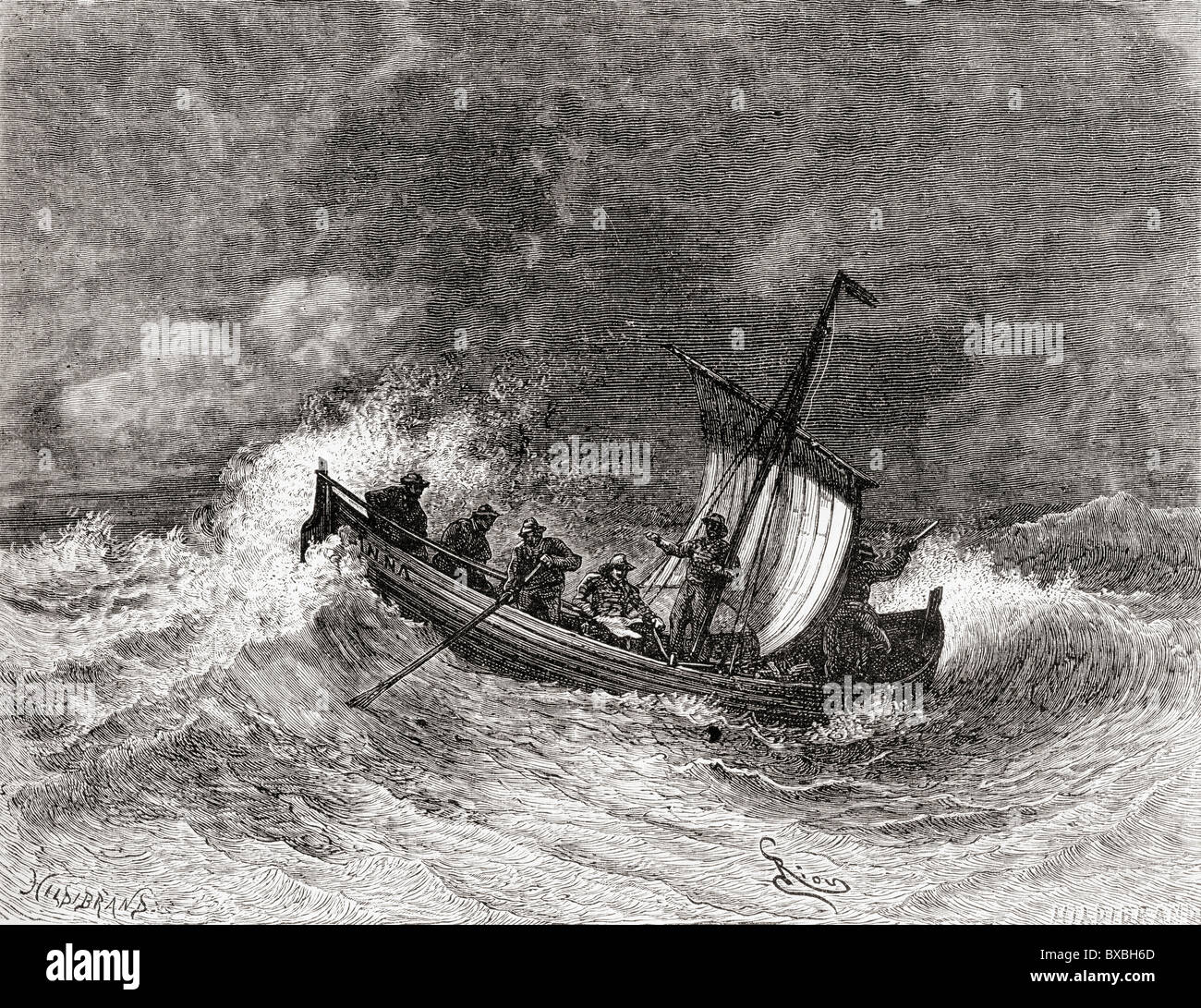 19th century fishing boat in stormy weather Stock Photo Alamy