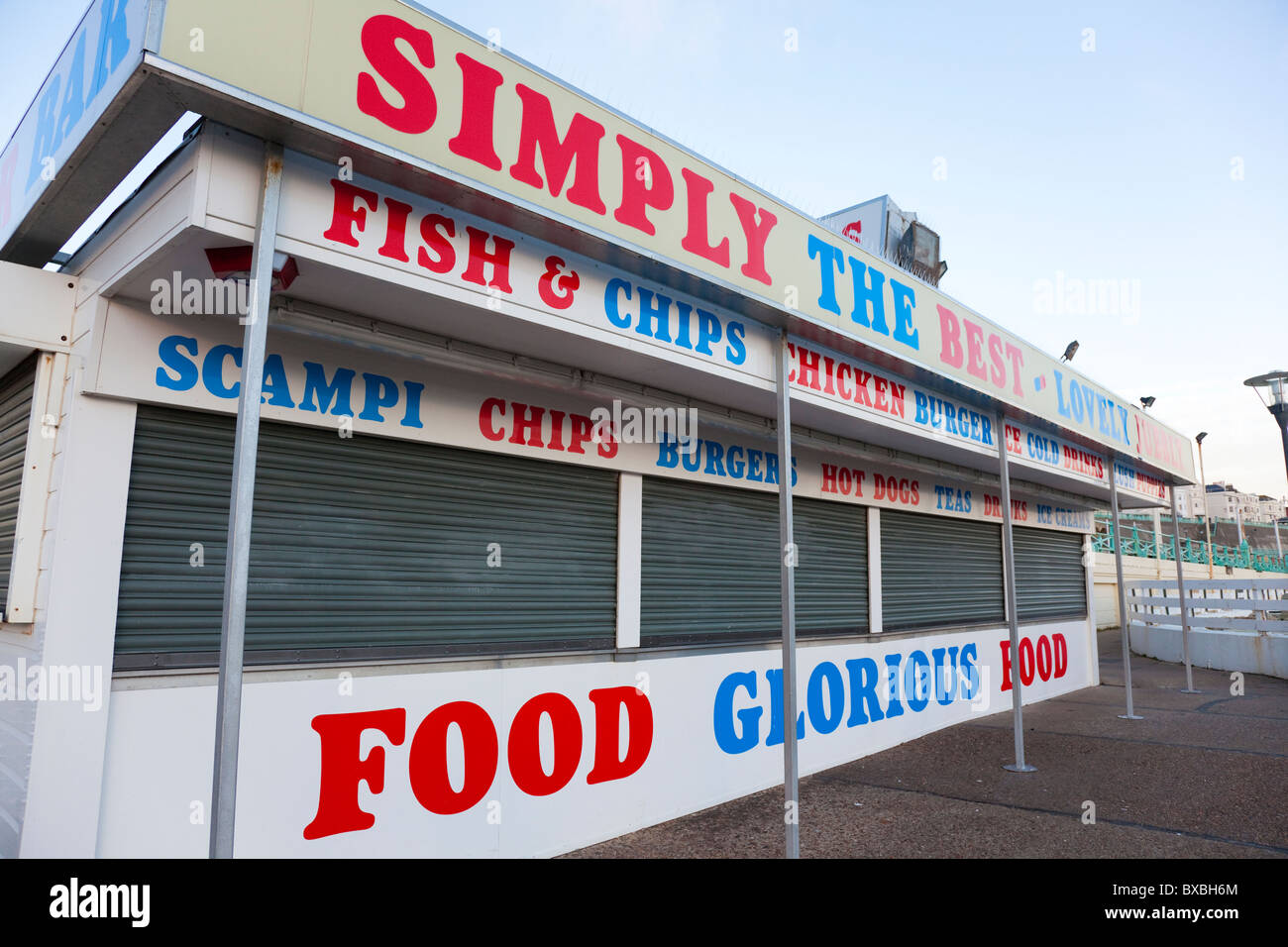 Closed Food kiosk on beach Brighton, East Sussex, UK, winter Stock Photo