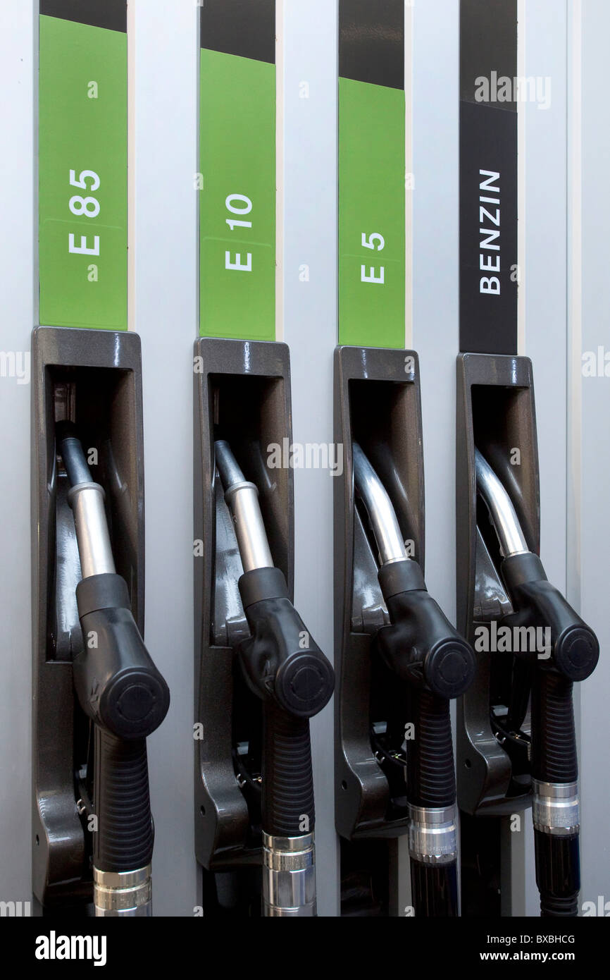 Petrol pump with bioethanol E85, E10, E5, and gasoline at the 63. Internationale Automobilausstellung International Motor Show Stock Photo