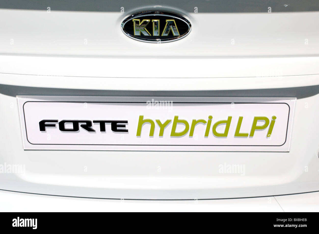 Lettering on a Kia Motors hybrid car at the 63. Internationale Automobilausstellung International Motor Show IAA 2009 in Stock Photo