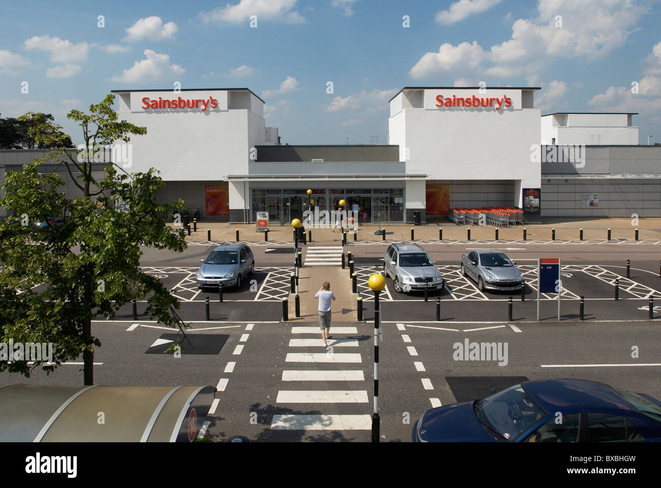 Supermarket car park with pedestrian 'zebra' crossings Harlow