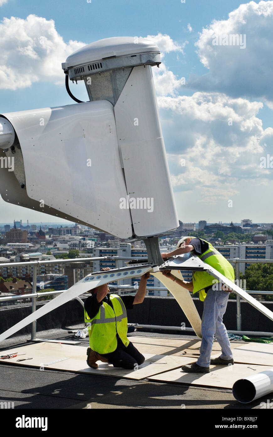 Erecting a wind turbine on a roof of a housing block of flats City Road