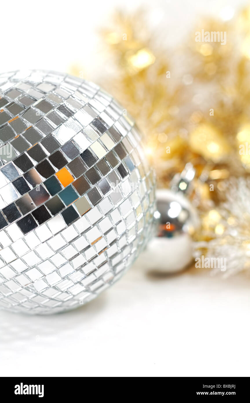 Christmas background with disco ball and decoration in gold Stock Photo