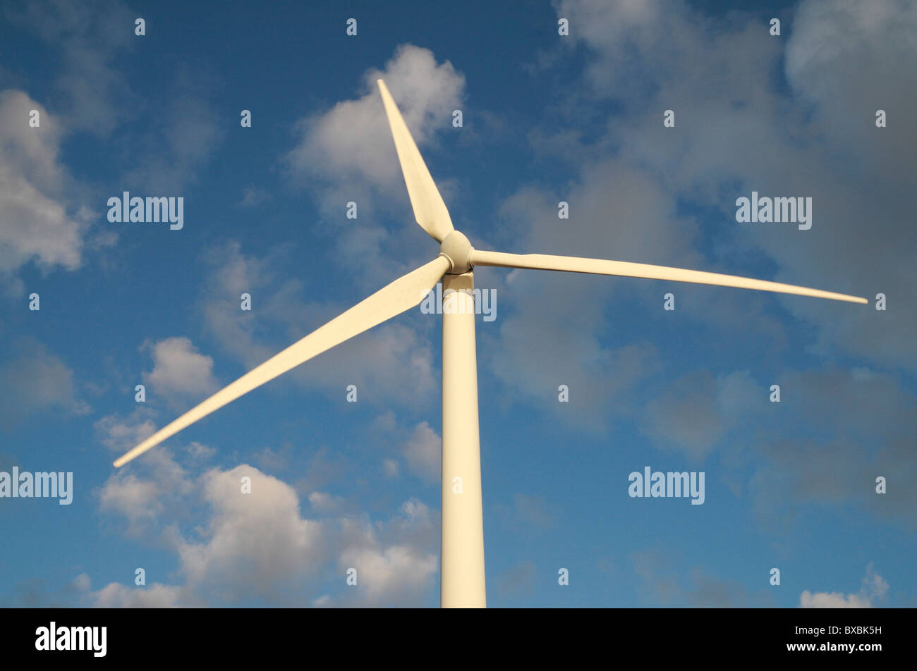 View looking up at the spinning blade of a wind turbine at the Carnsore Point windfarm, County
