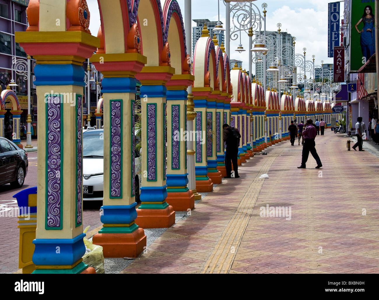 Decorative arches at the roadside in Little India in Kuala Lumpur. Stock Photo