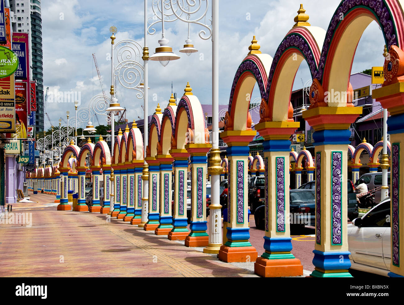 Ornate colourful arches on the pavement in Little India in Kuala Lumpur. Stock Photo