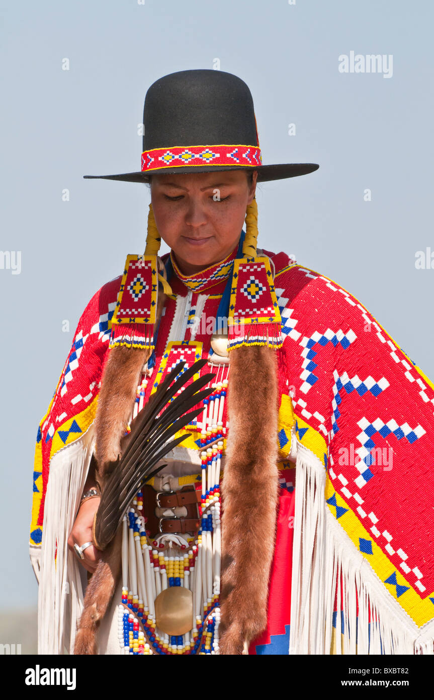 Female traditional dancer, Pow-wow, Blackfoot Crossing Historical Park, Alberta, Canada Stock Photo