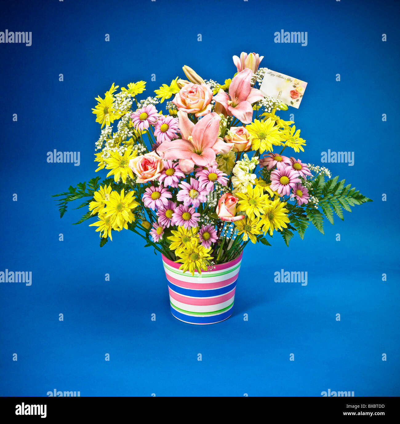 Colorful flower arrangement in container, gift card Stock Photo Alamy
