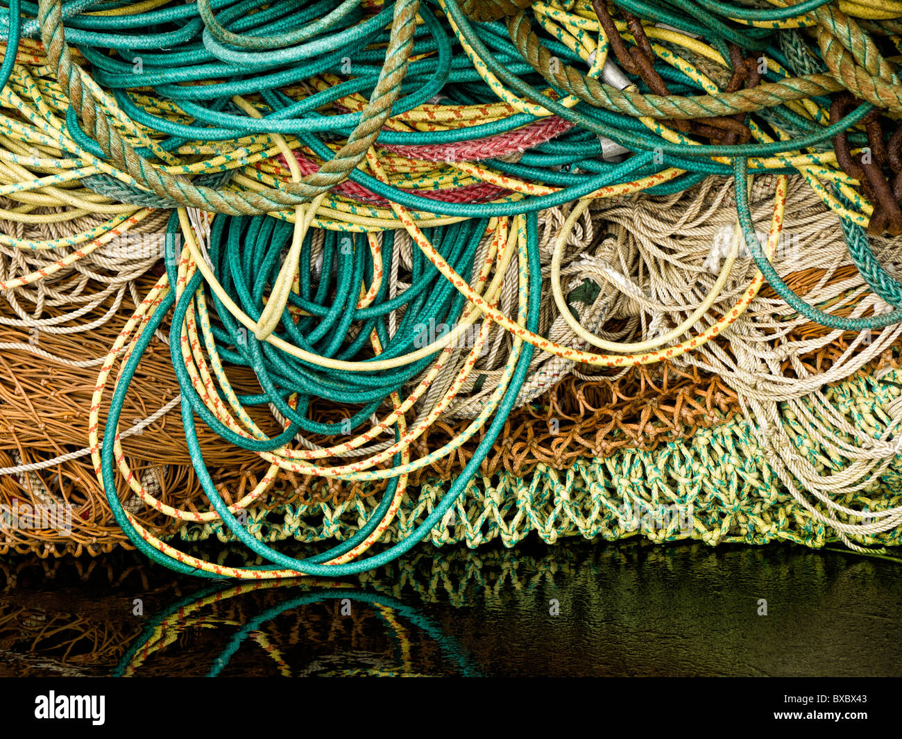 Piles of fishing nets in Newport, Oregon Stock Photo