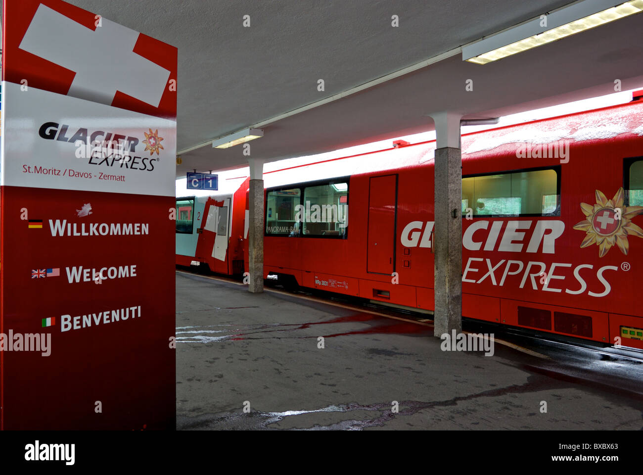 Matterhorn Gotthard Bahn Glacier Express railway train at St Moritz Switzerland station platform