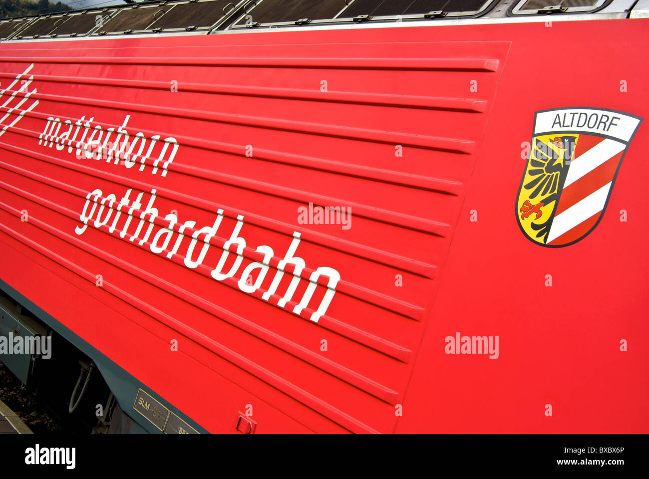 Swiss Gotthard Bahn Railway Matternhorn Glacier express train electric locomotive in railway station Stock Photo