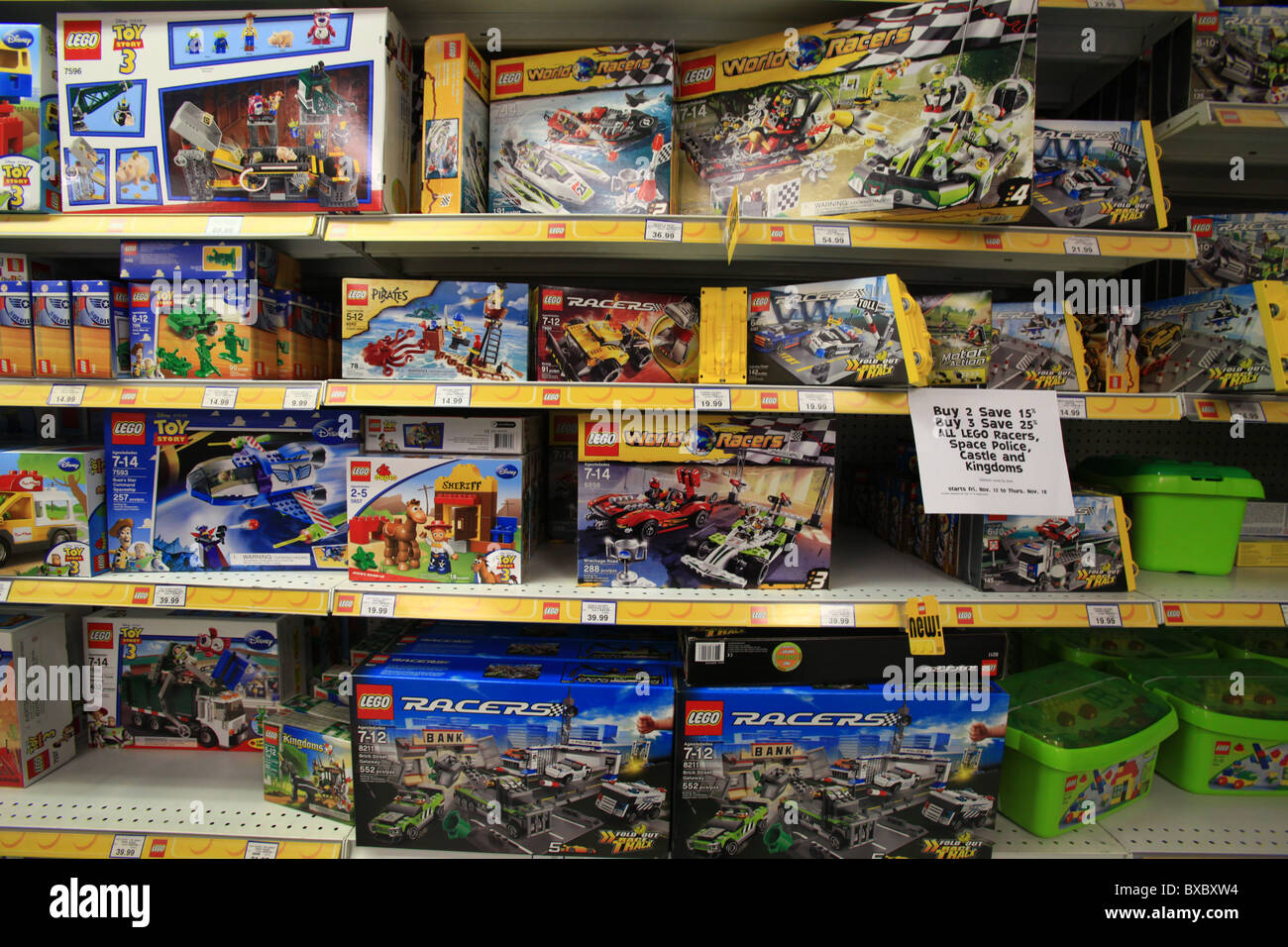 Lego racers for sale in Toys r us store in Ontario Canada Stock Photo