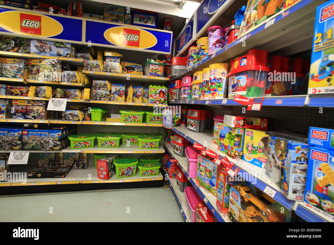 Lego and mega blocks for sale in Toys r us store in Ontario Canada Stock Photo