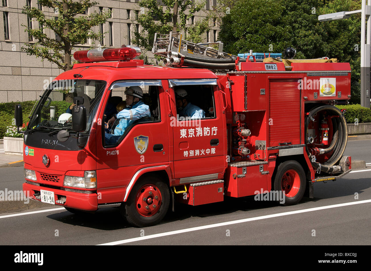 firemen truck in street, Shinjuku, Tokyo, Japan Stock Photo