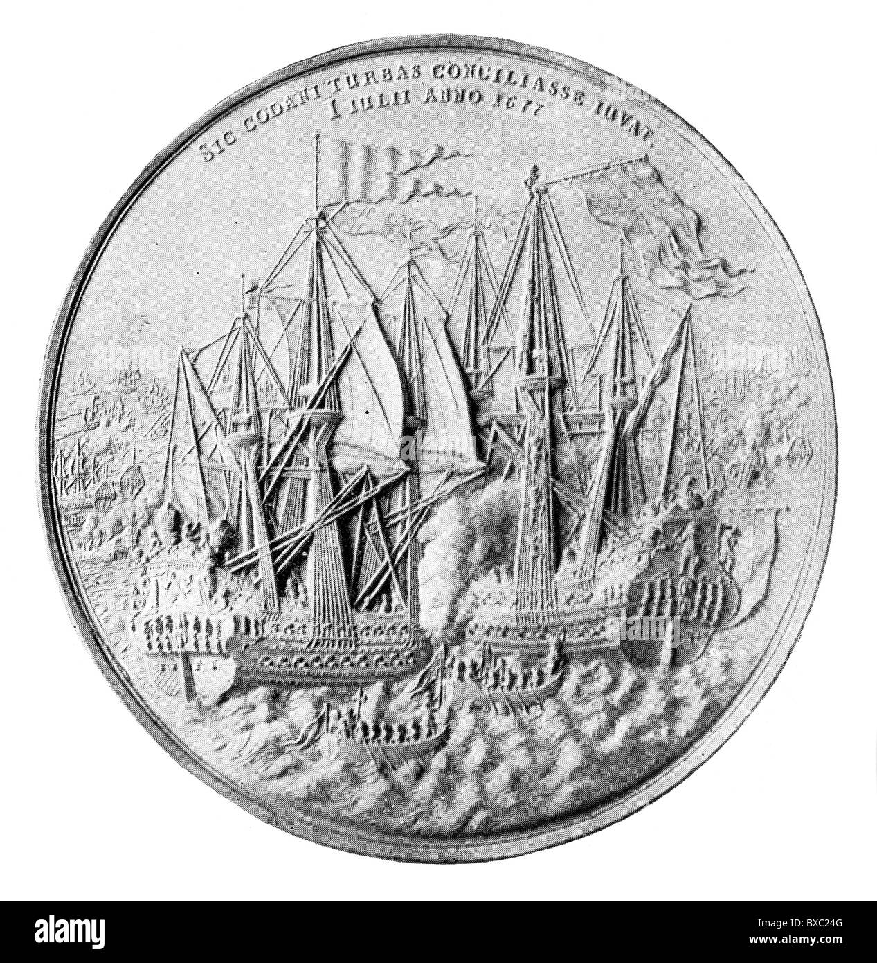 Medal commemorating the victory of Denmark over Sweden, 1677; Black and White Illustration; Stock Photo
