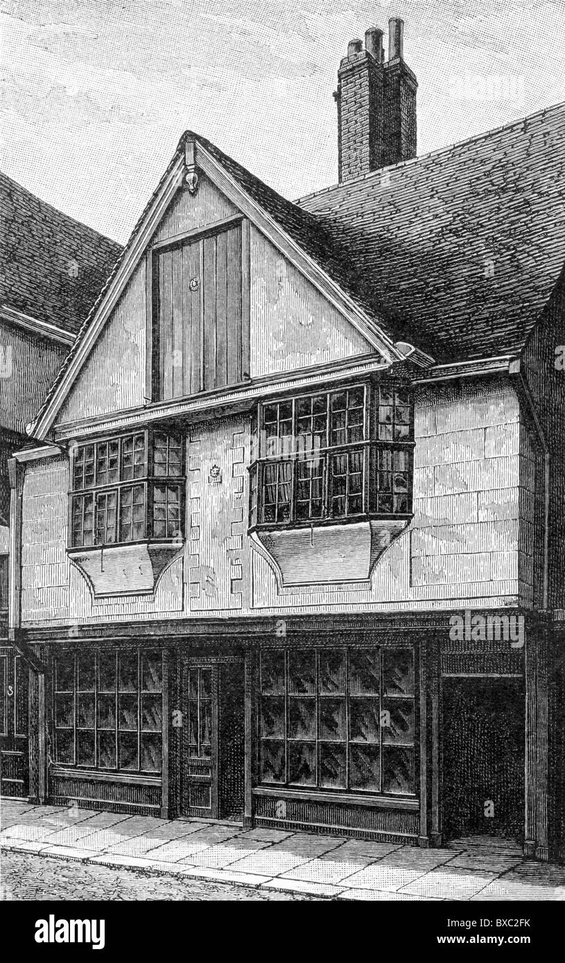 The house of Huguenot silk weavers, Canterbury, Kent, England; 17th century; Black and White Illustration; Stock Photo