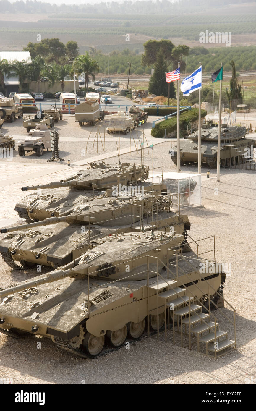 View from the top of the old British Police fort amd 3 Merkava tanks now The Israeli Armored Corps Museum at Latrun, Stock Photo