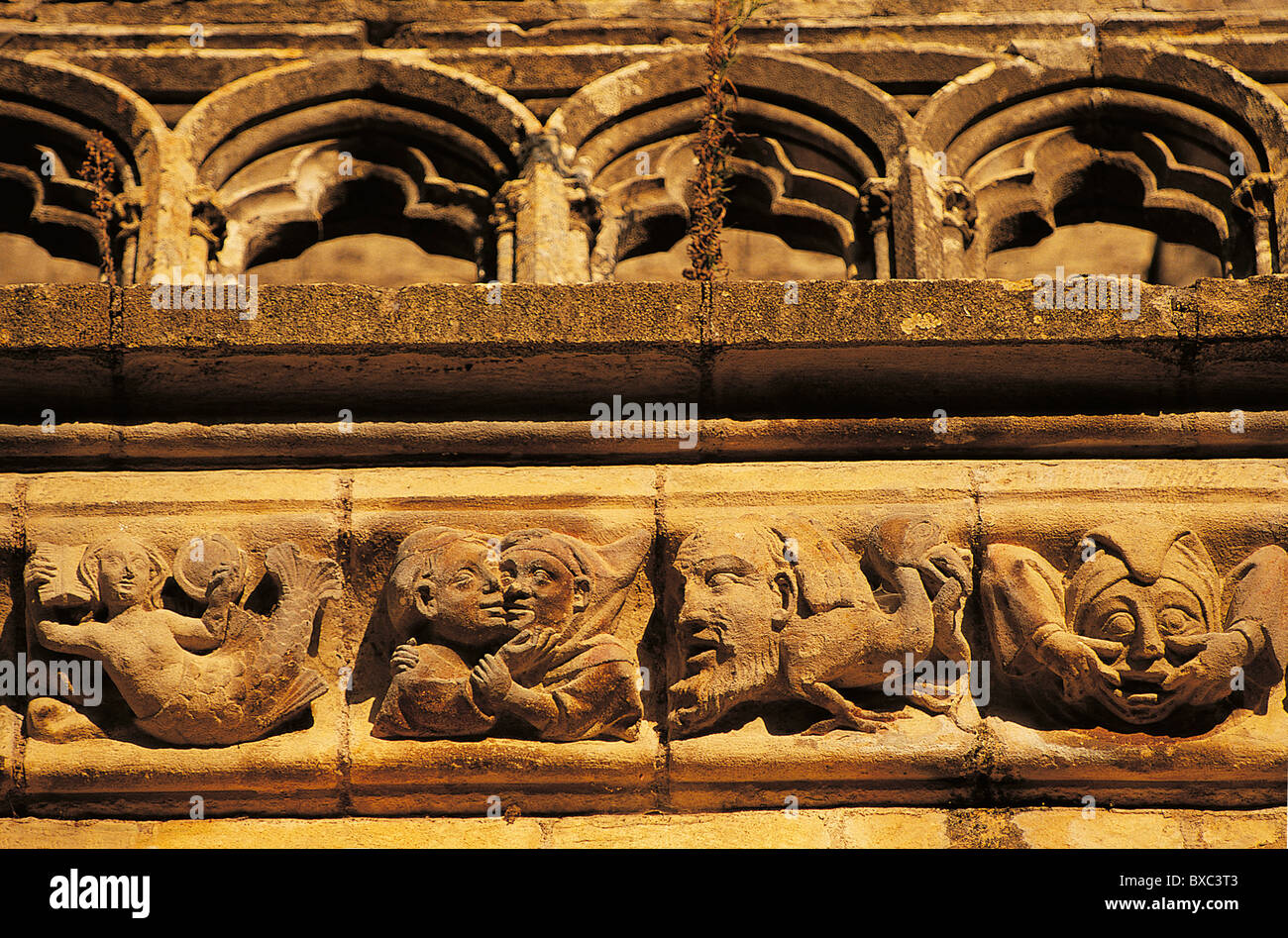 France, Perigord, Dordogne, St Laurent and St Front Church, Frieze of 24 Mythological and Grotesk Figures Stock Photo