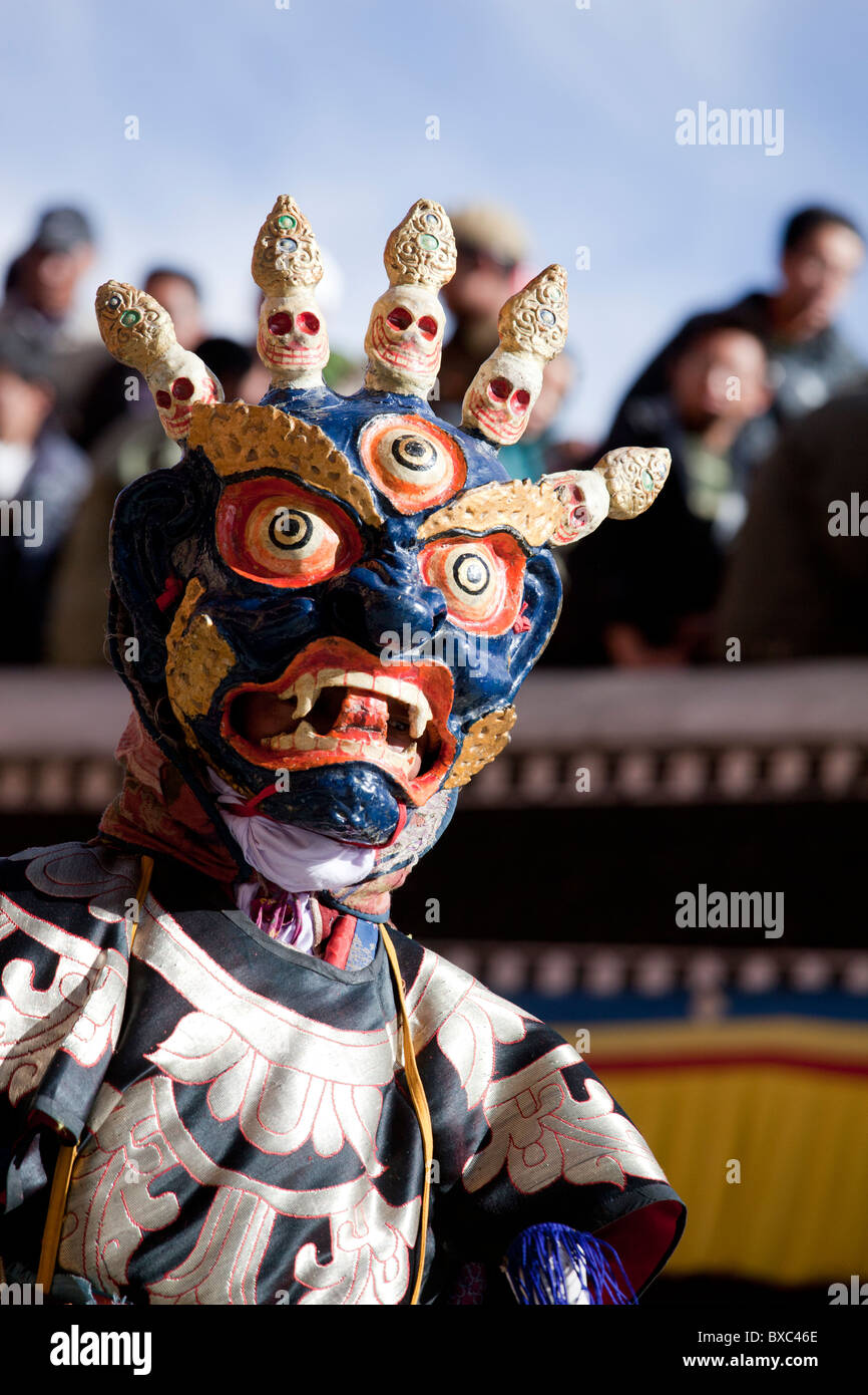 Buddhist mask dancers dressed as Mahakala performing during the Thiksey Gustor festival in Ladakh. Stock Photo