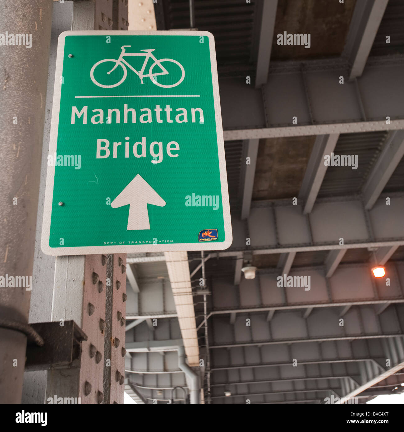 Bicycle lane direction sign to the Manhattan Bridge in Manhattan, New York City, U.S.A. Stock Photo