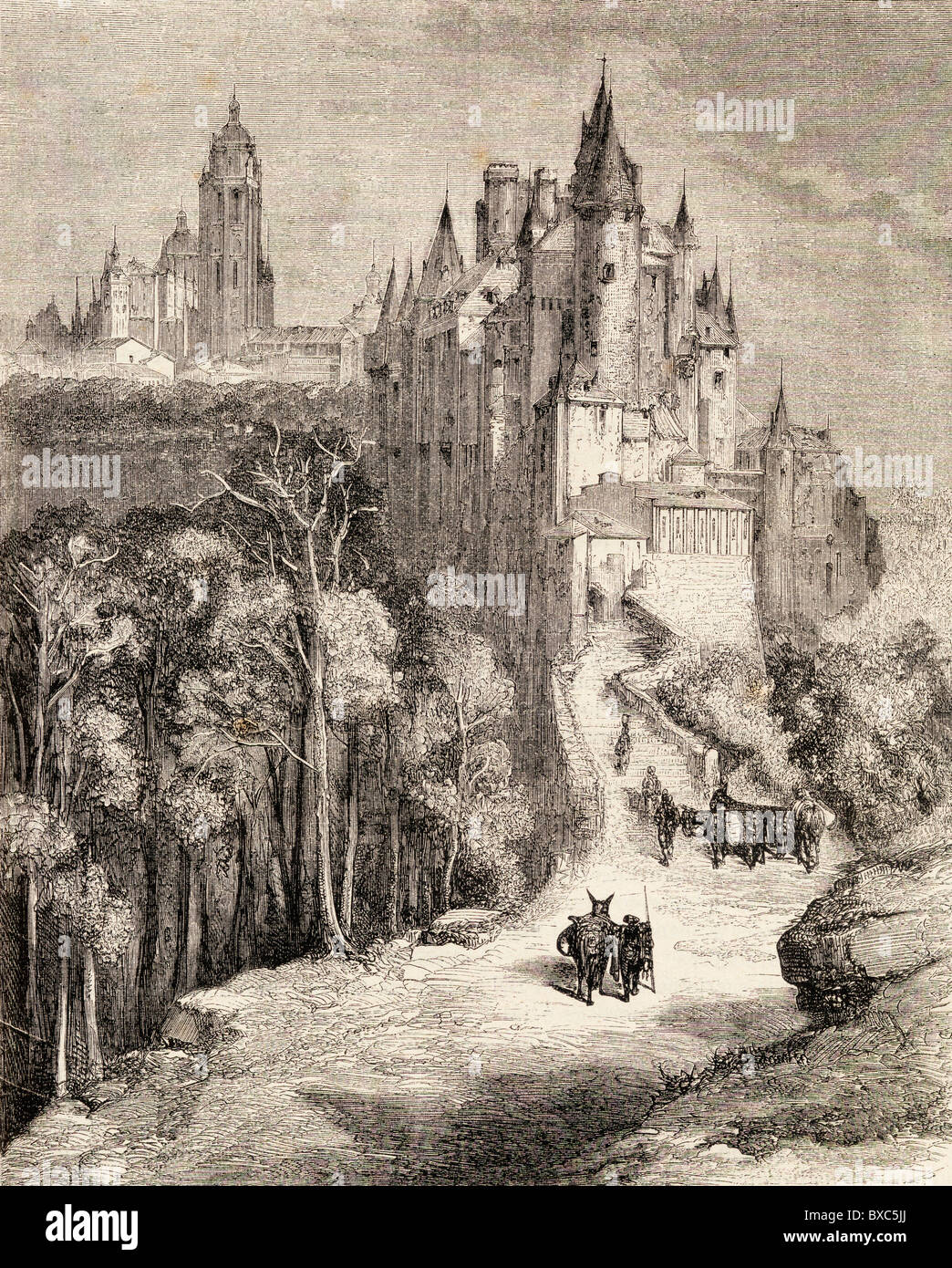 The Alcazar and cathedral, Segovia, Spain in the 19th century. Stock Photo