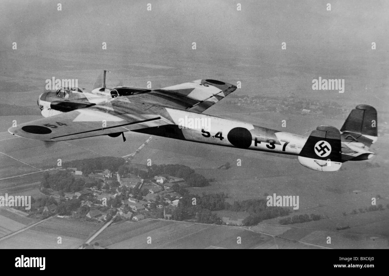 Nazism / National Socialism, military, Wehrmacht, Luftwaffe, German bomber Dornier Do 17 during a manoeuvre, circa 1937, camouflage pattern, swastika, Wehrmacht, Third Reich, Do17, Do-17, 1930s, 30s, flying, plane, planes, aircraft, 20th century, historic, historical, bombers, Germany, maneuver, Additional-Rights-Clearences-Not Available Stock Photo