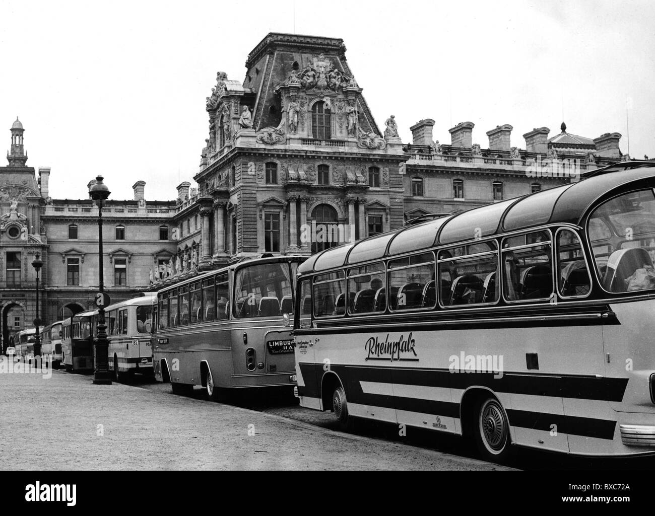 tourism, coach trip, motor coaches at Place du Carrousel, Louvre, Paris, France, 1968, Additional-Rights-Clearences-Not Available Stock Photo