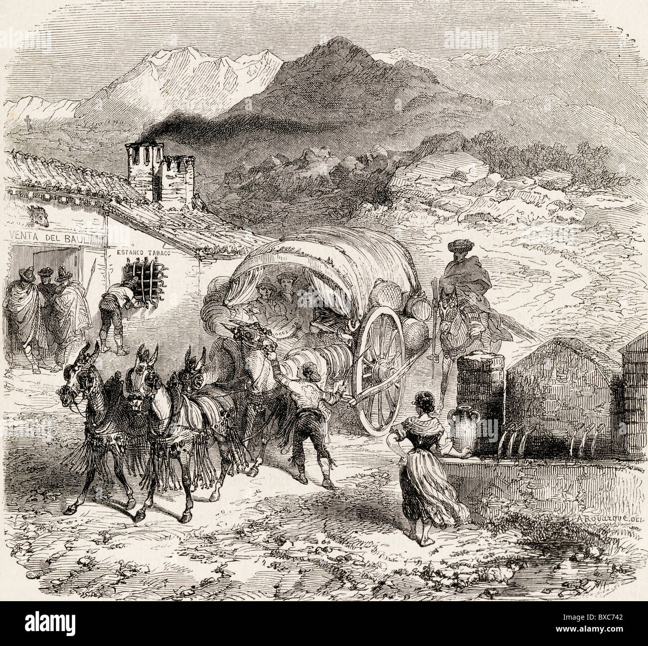 A covered wagon drawn by mules arriving at a roadside inn in Sierra Nevada, Granada, Spain. Stock Photo
