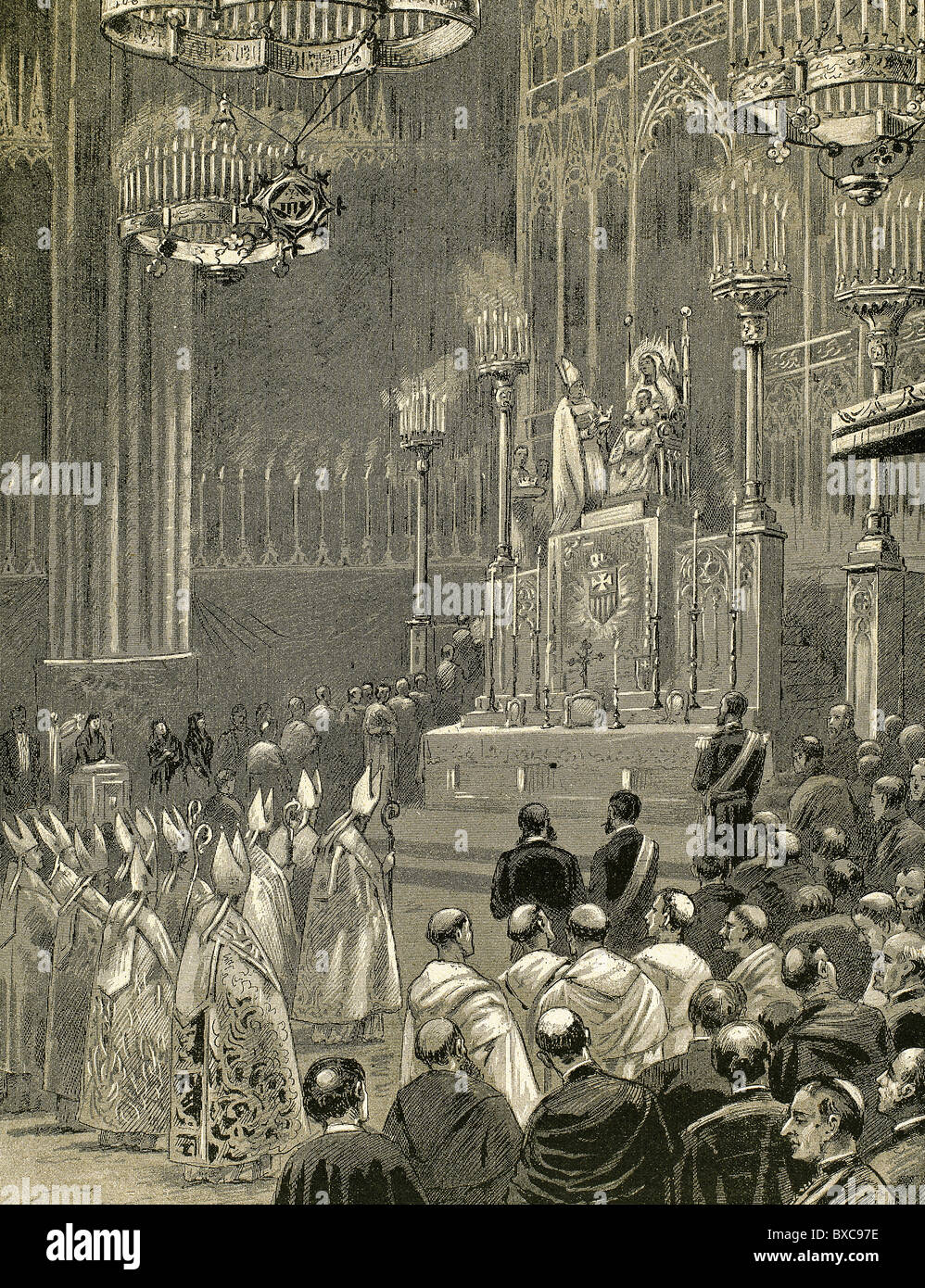 Coronation of the Virgin of Mercy in the Cathedral of Barcelona. Catalonia. Spain, 1888. Stock Photo