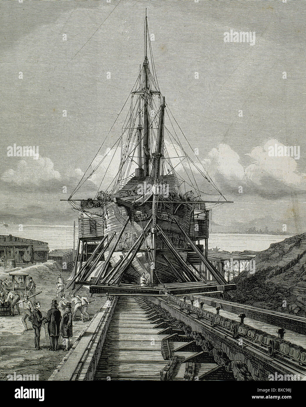 The dry dock. Barcelona. Engraving by Manchon. 'The Spanish and American Illustration', 1872. Stock Photo