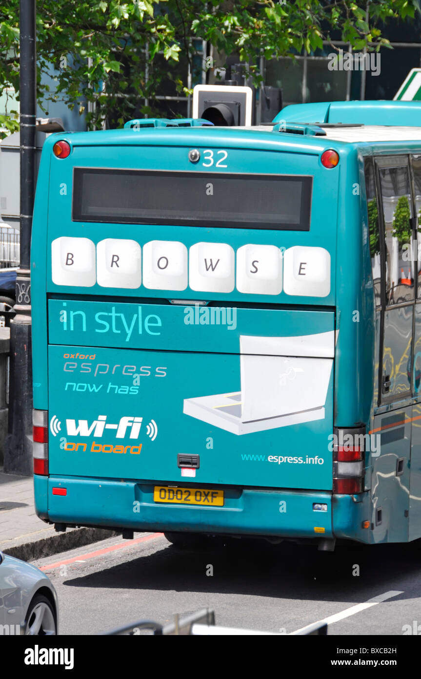 Rear of coach promoting onboard wifi browsing facilities Stock Photo