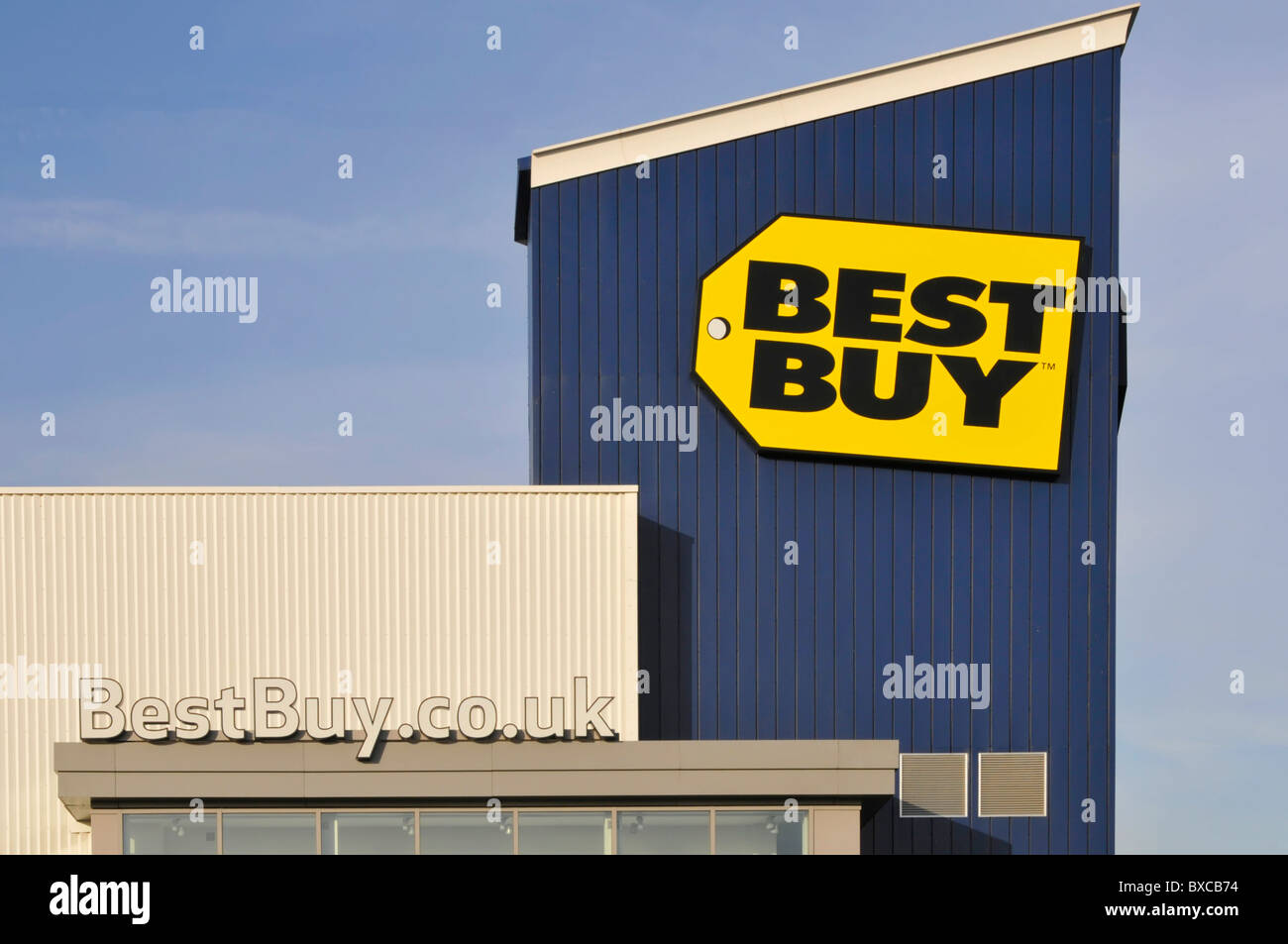 Close up of Best Buy electrical retail store and business website address sign above premises at