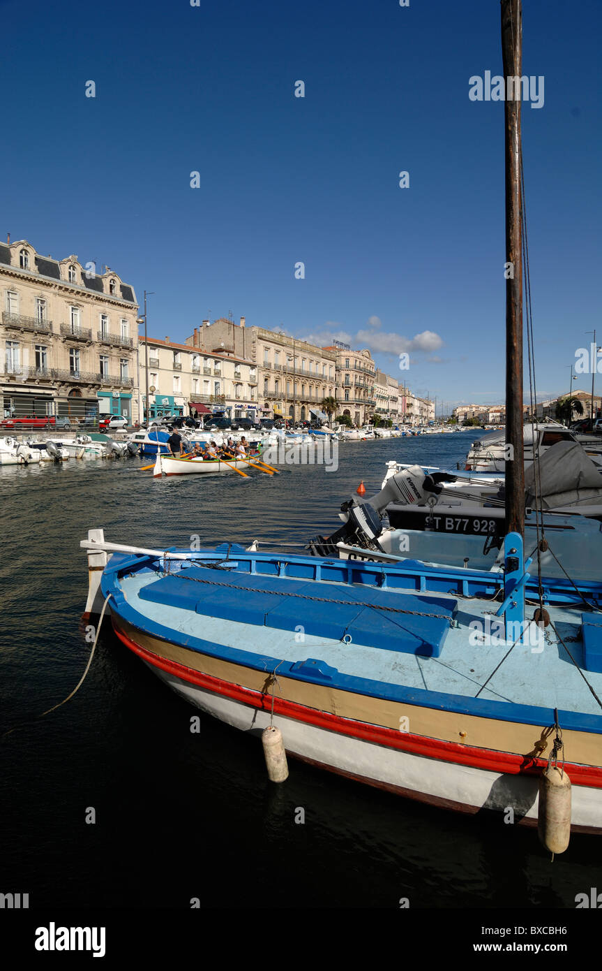 Colourful Wooden Fishing Boat on the Canal Royal & Quai de Tassigny, Sète, Hérault, France Stock Photo