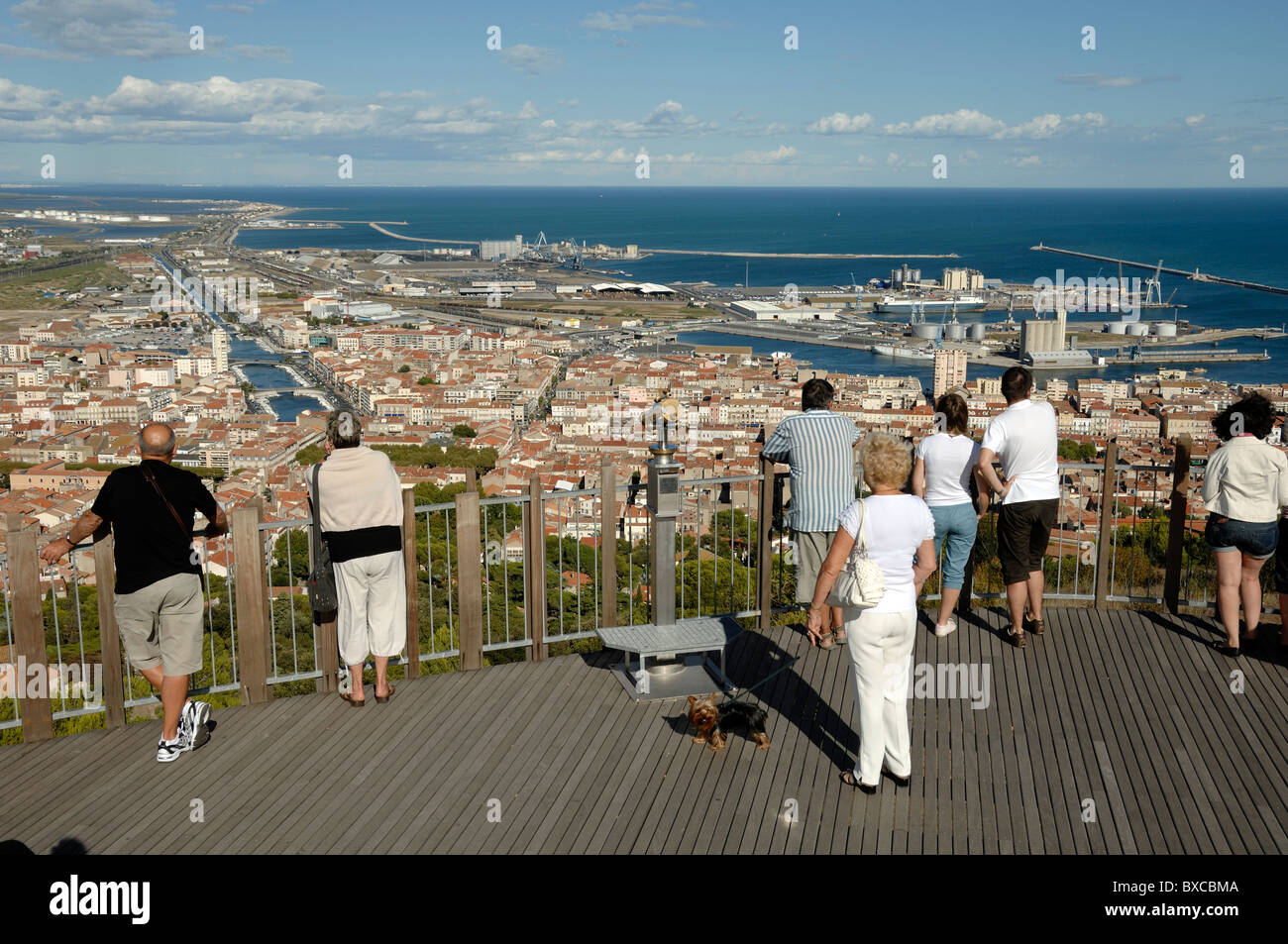 Tourists at the Mont Saint-Clair Viewpoint overlooking the Canal City or Town of Sète, Herault, France Stock Photo