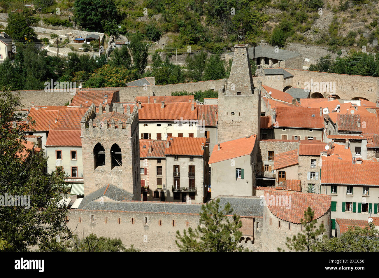 View over Fortified Town of Villefranche-de-Conflent with Fortifications by Vauban, Pyrenees-Orientales, France Stock Photo