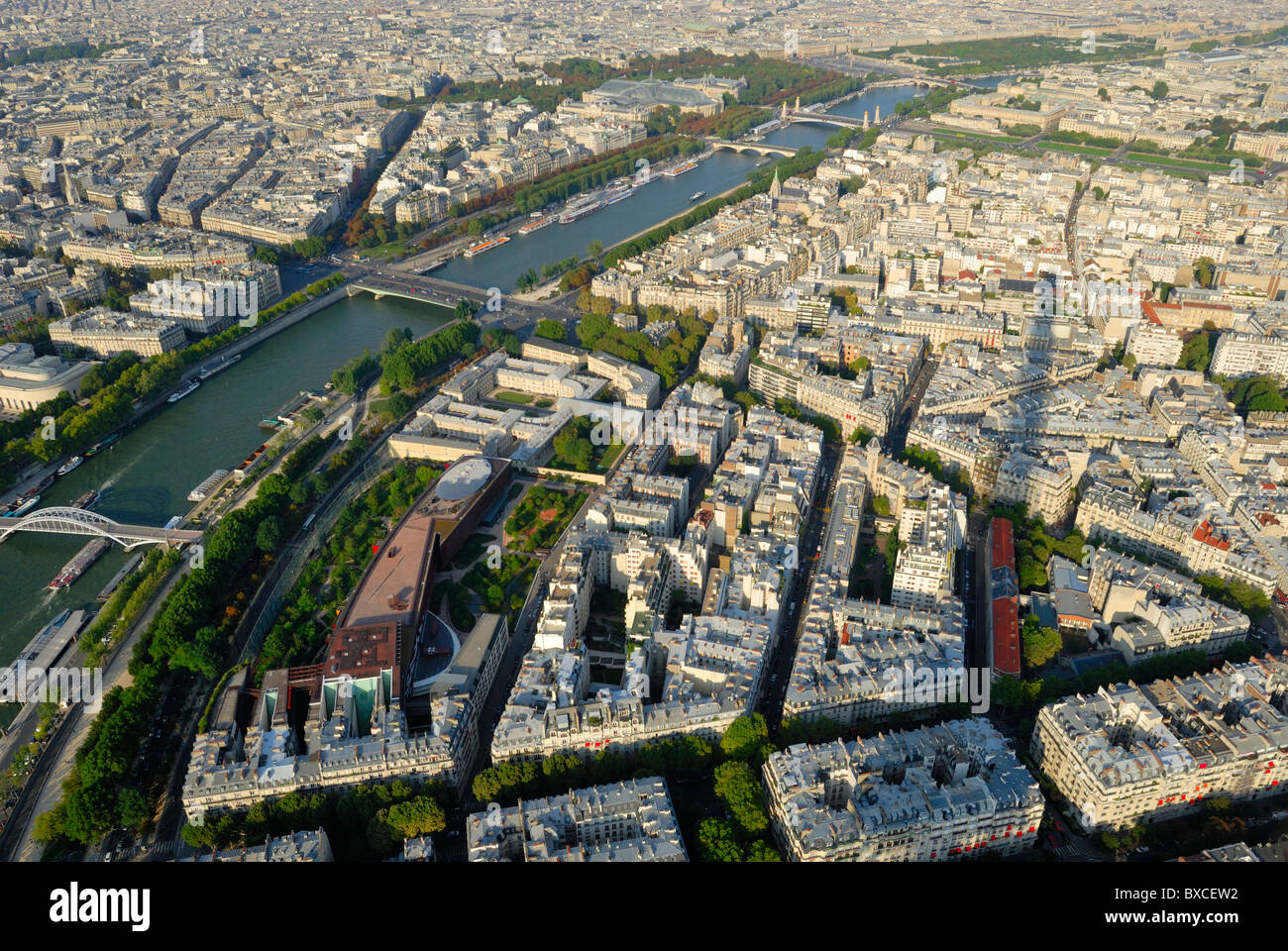 Northeast view of Paris city from the Eiffel Tower looking towards the River Seine. Stock Photo
