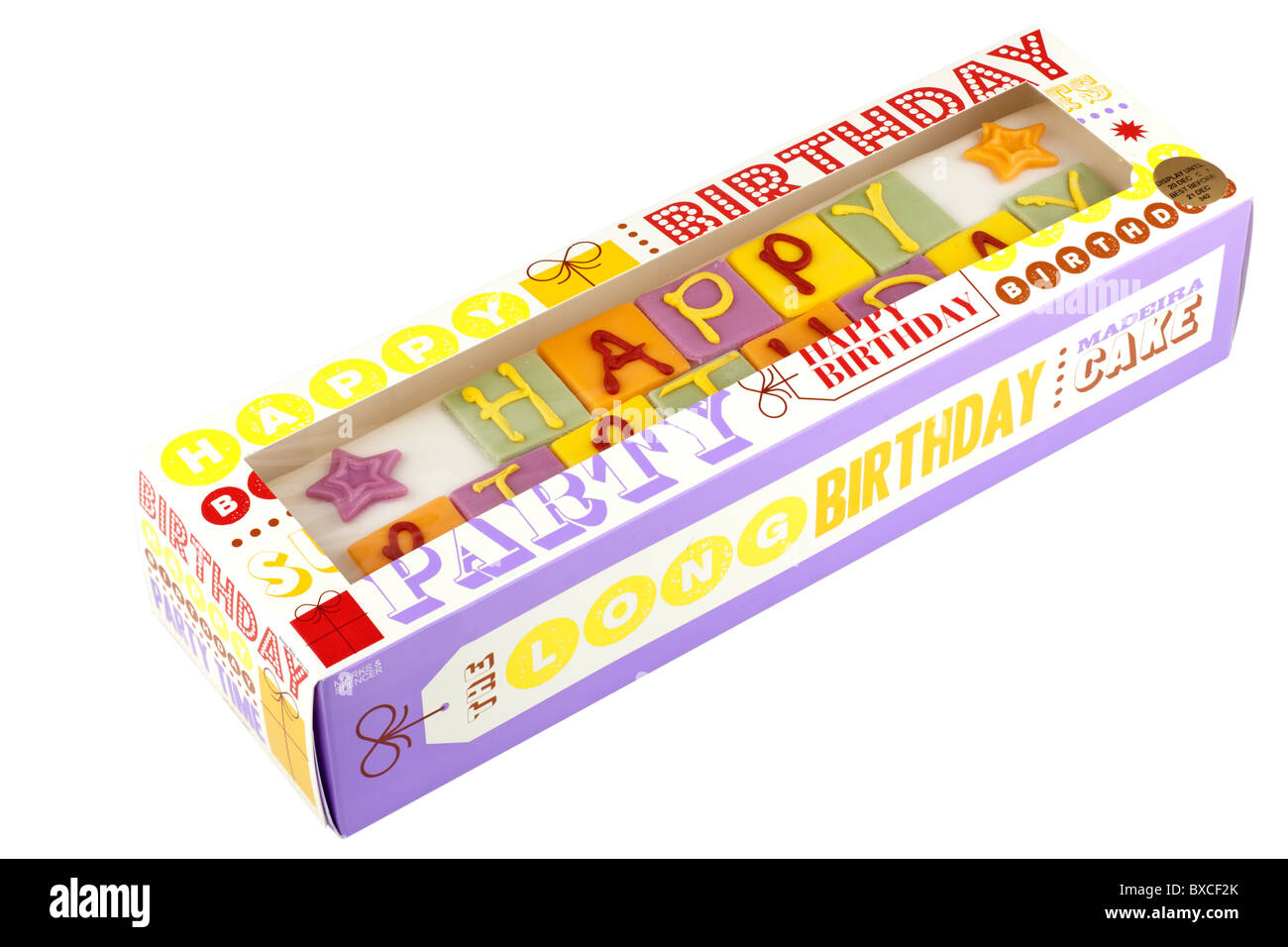 Marks and Spencer long boxed Iced Happy birthday cake Stock Photo - Alamy