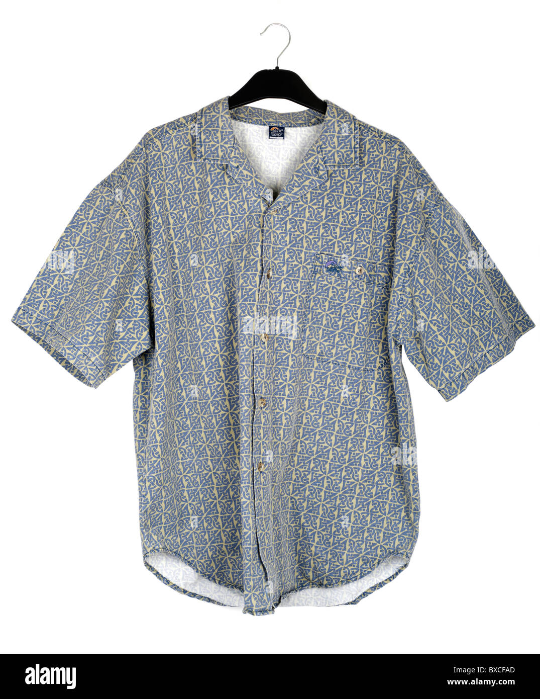 Mens Large Lowe Alpine short sleeved yellow and blue patterned summer shirt Stock Photo