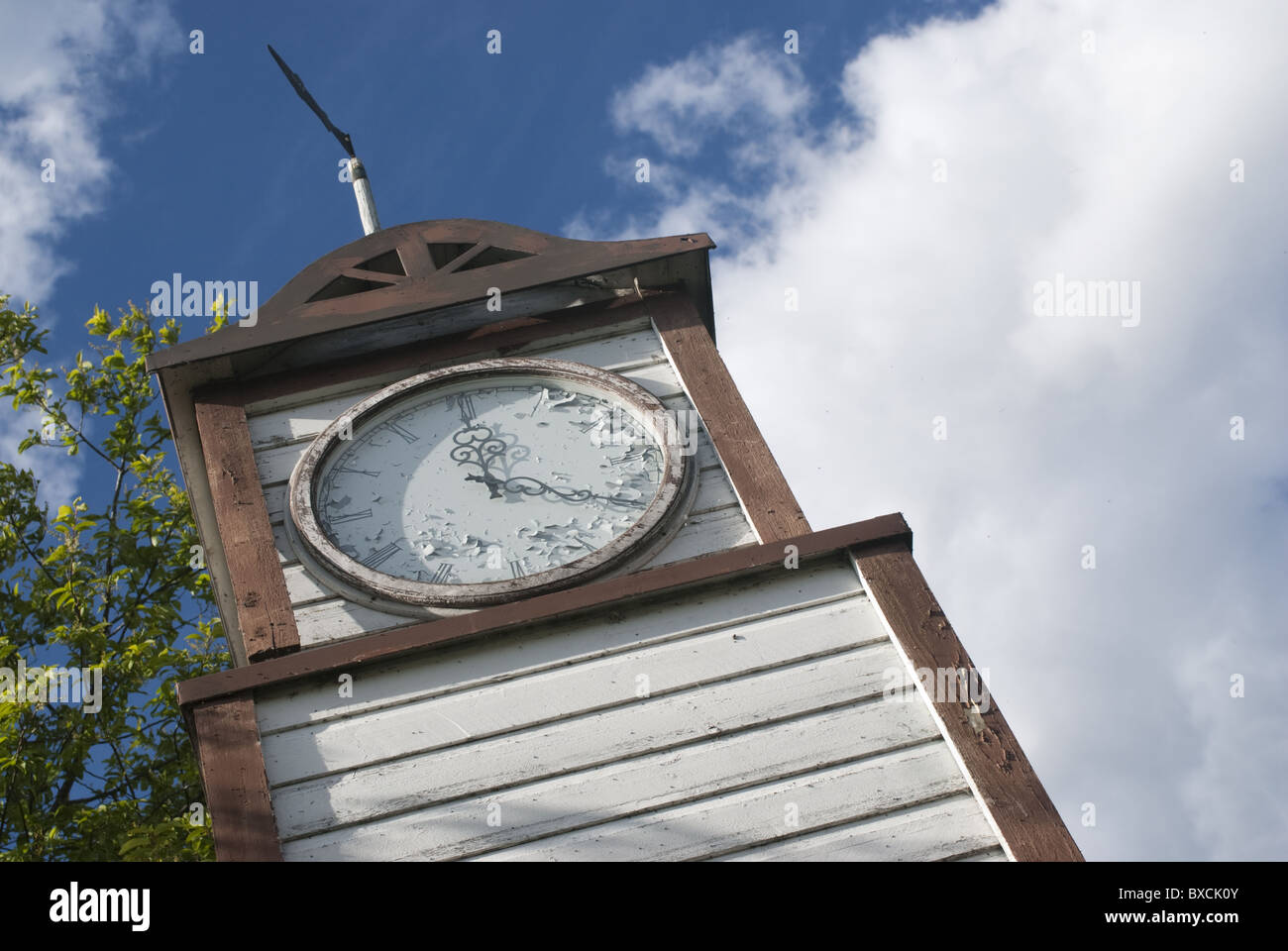 A traditional clock tower in Kukkolankoski, Finnish Lapland. The clock was used to signal whitefish fishing activities. Stock Photo
