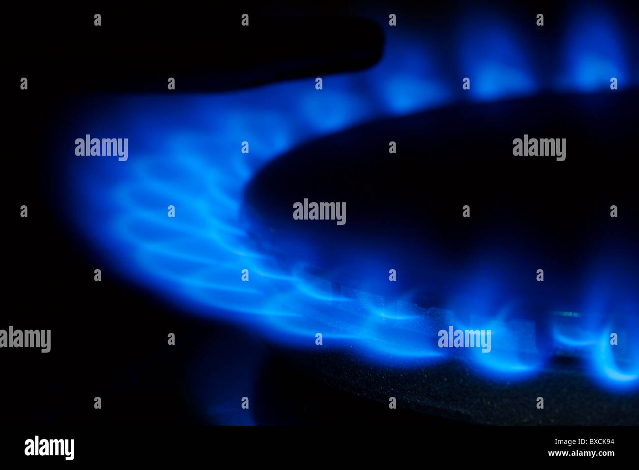 Closeup detail of natural gas flame on a stove Stock Photo