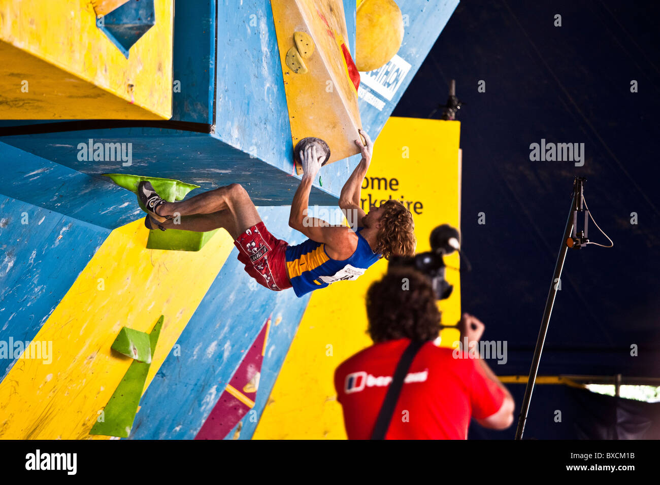 Mykhaylo Shalagin, the Ukranian sport climber, competes at the 2010 IFSC Bouldering World Cup in Sheffield. Stock Photo