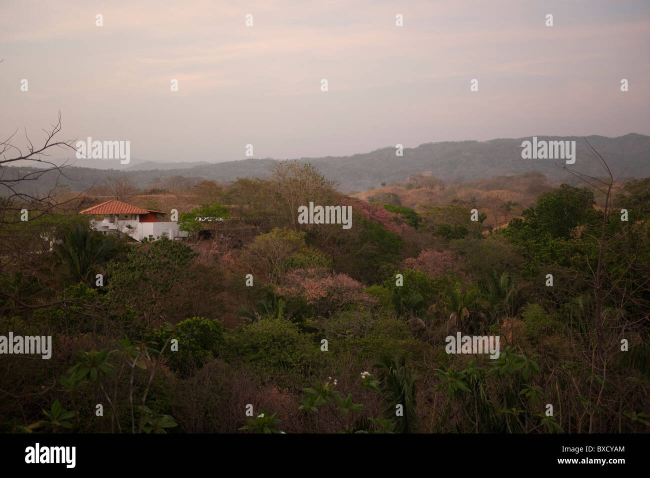 Sun fading over a white house with an orange roof in the rolling hills above the treetops of Costa Rica Stock Photo