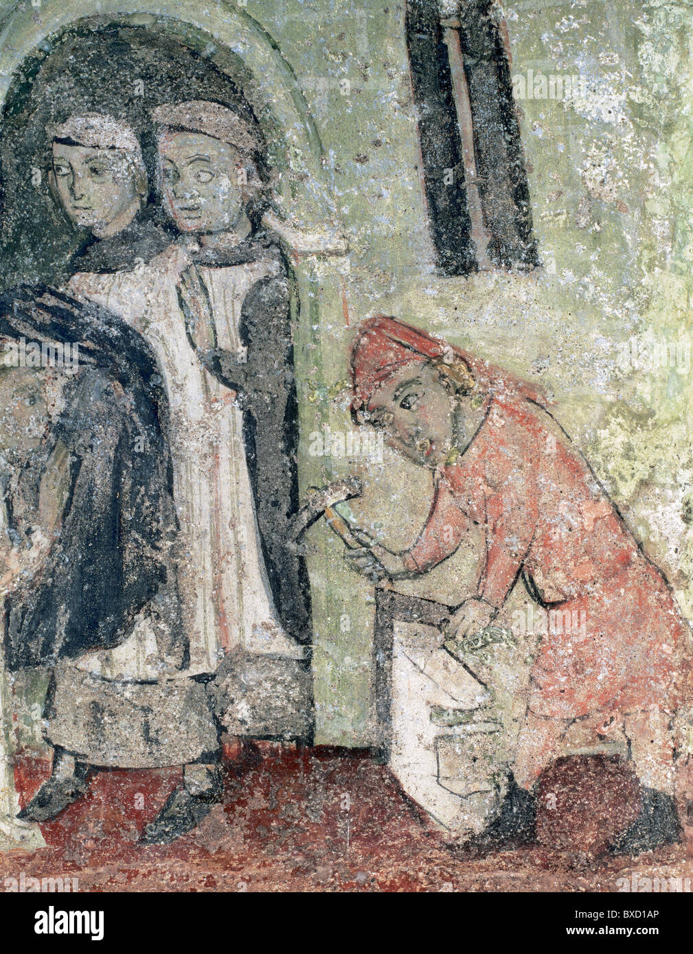 Stonemason with some monks, c. 1360. Lluca. Catalonia. Spain. Stock Photo