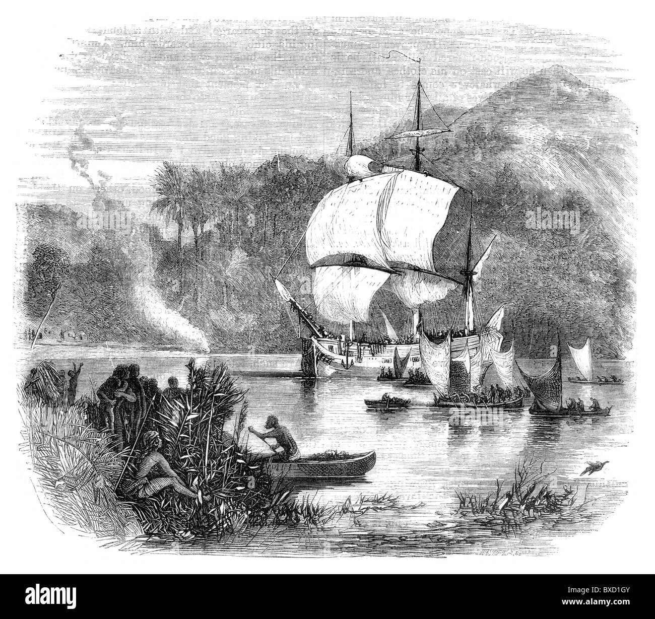 A British ship anchored at Otaheite (Tahiti) circa 1790s; Black and White Illustration; Stock Photo