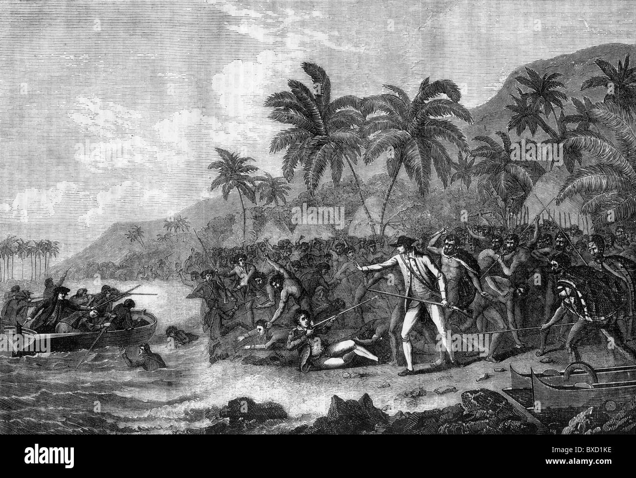 The Death of Captain James Cook at Kealakekua Bay on Hawaii ; Black and White Illustration; Stock Photo