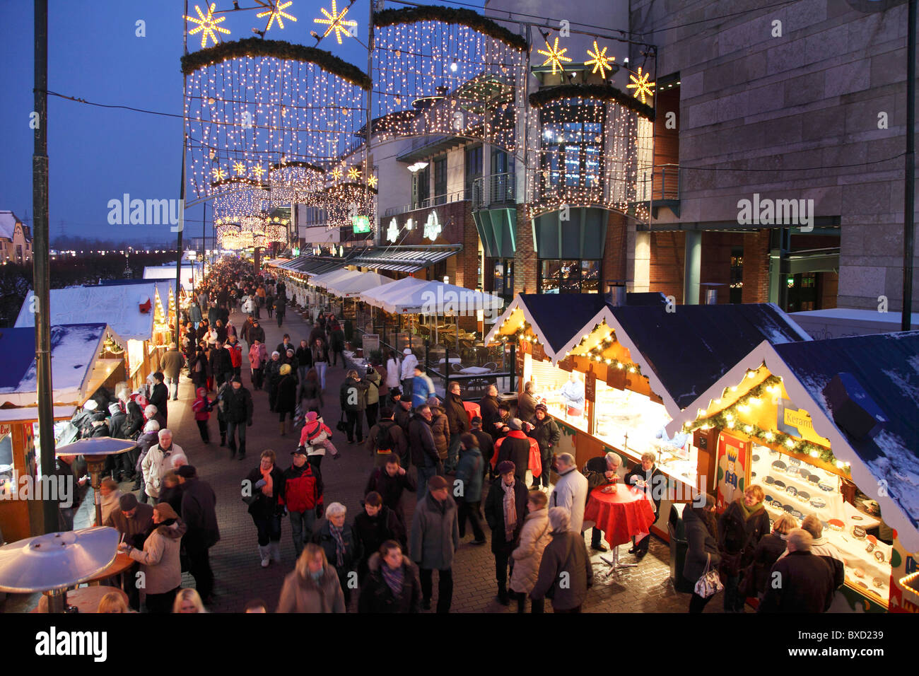 Traditional Christmas market, with many decorated booths, at Centro shopping mall, Oberhausen, Germany. Stock Photo