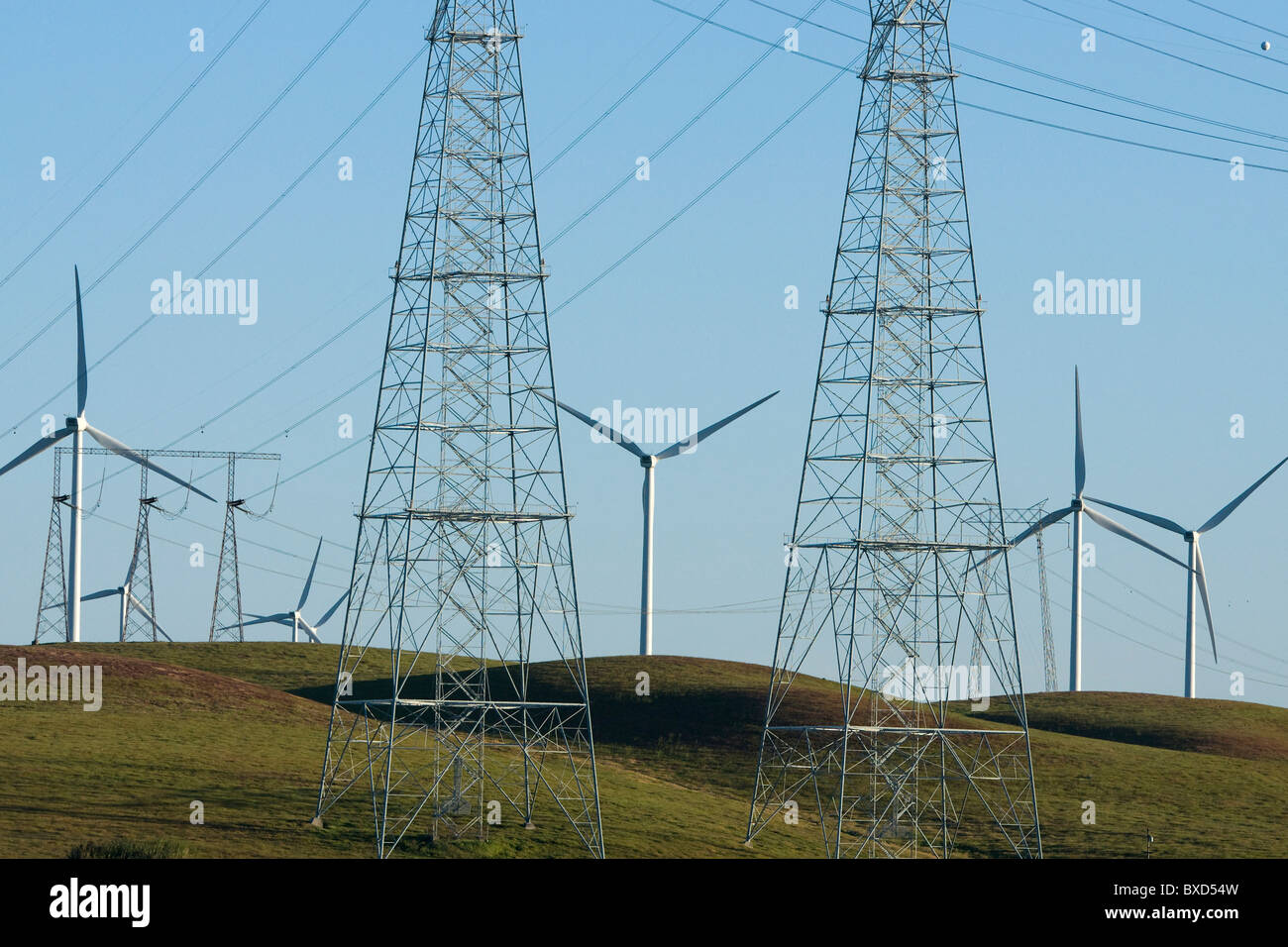 Wind Turbines and power transmission lines and towers Stock Photo Alamy