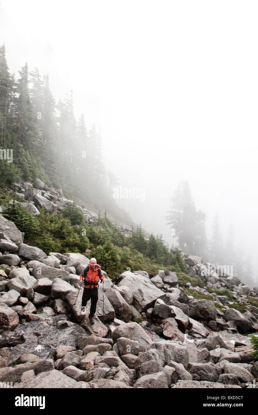 A climber crosses a stream buried beneath boulders on a foggy morning. Stock Photo