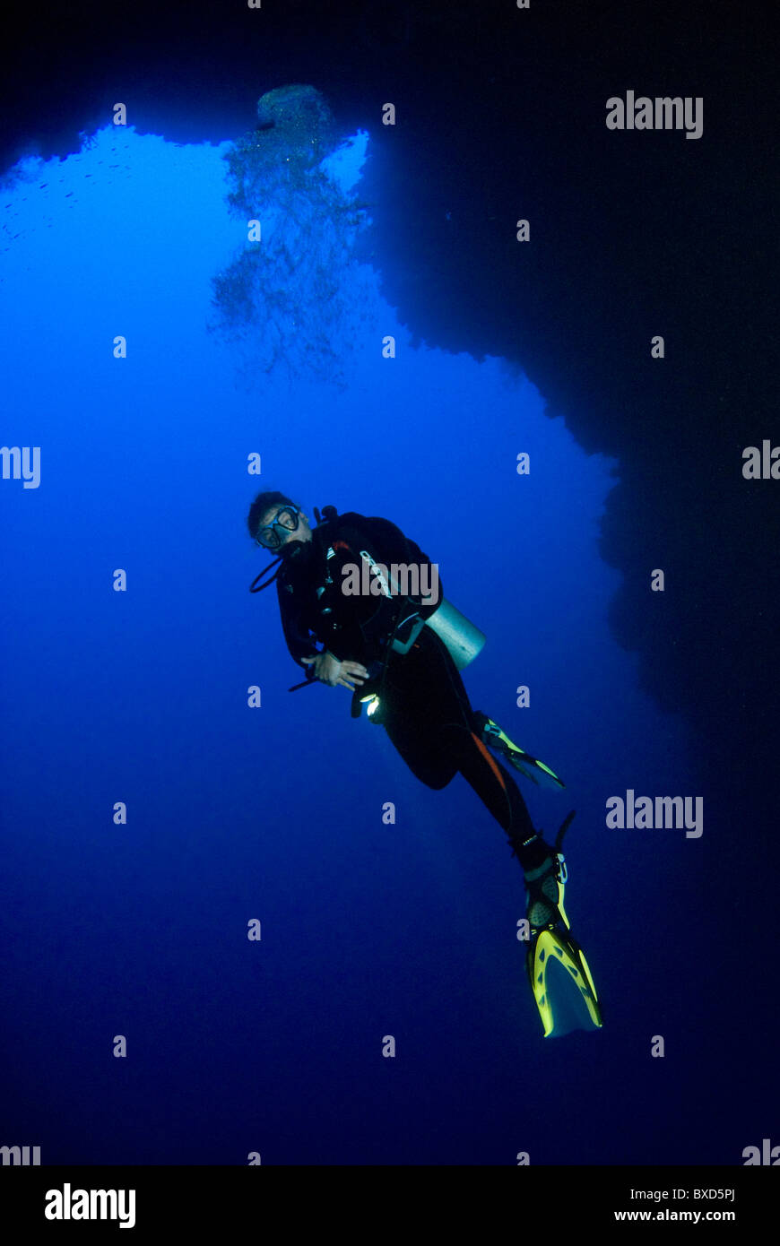 Scuba diver in the blue hole cathedral, Dahab, Egypt, Red Sea Stock Photo