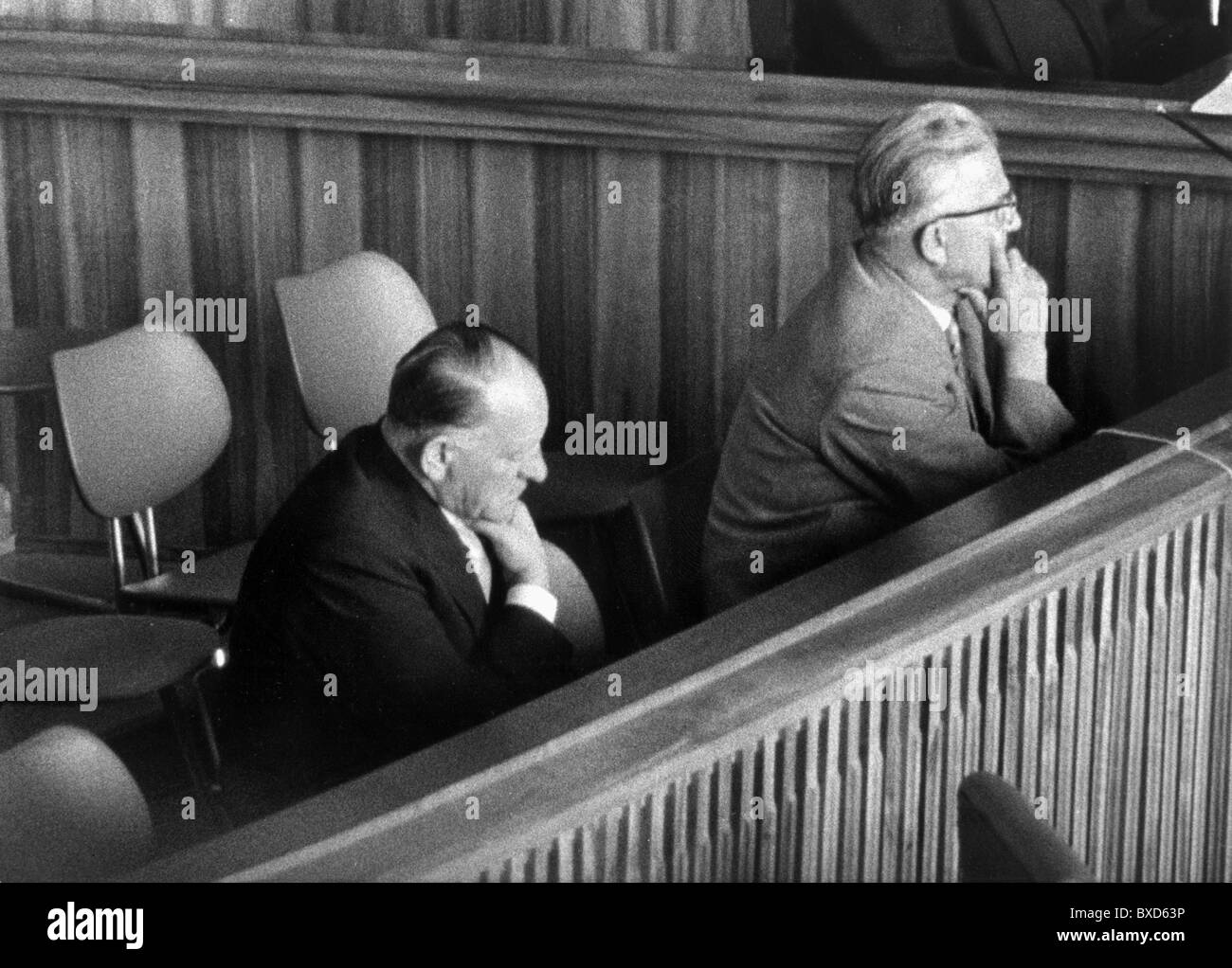 justice, trials, Roehm Trial, Munich, May 1957, the defendants Josef 'Sepp' Dietrich and Michael Lippert during the pronouncement of the sentence, 14.5.1957, Additional-Rights-Clearences-Not Available Stock Photo